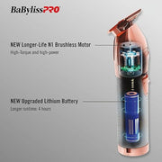 BaBylissPRO FX+ Rose Gold All-Metal Lithium Outlining Hair Trimmer, Cord/Cordless, USB-C Charging, Titanium T-Blade, FX787NRG