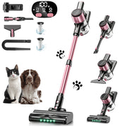 Cocbny A27 Cordless Stick Vacuum Cleaner, Powerful 350W Suction, Green LED Light, Anti-Tangle Brush, Lightweight 7 lb, Rechargeable with Detachable Battery, Pink