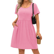 MOSHU Summer Dress for Women, Crewneck, Short Sleeve, Pink, Midi A-Line Sundress with Pockets