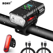 RONY Mountain Bike Light Set, 1000 Lumen Rechargeable Front and Rear LED Lights, Waterproof, Black