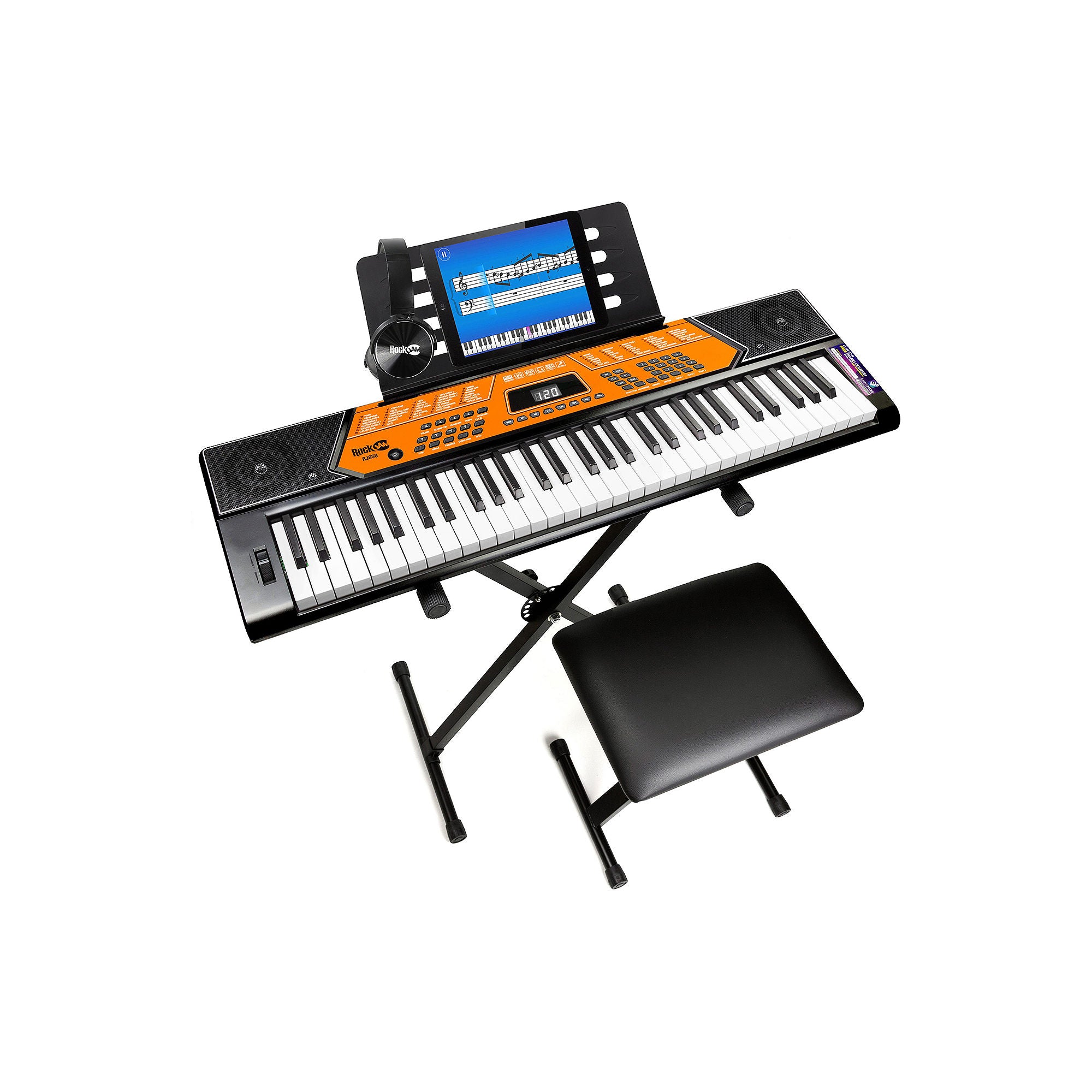 Rockjam 61-Key Keyboard Piano Kit with Stand, Bench, Music Stand, Head ...