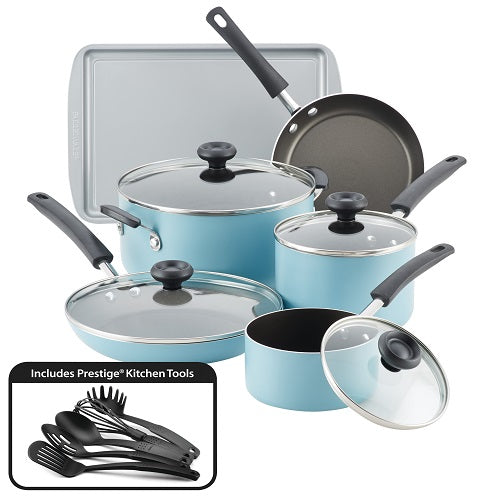The Pioneer Woman VIPRB-25Pcs 25 Piece Ceramic Nonstick Aluminum Easy Clean Cookware Set, Ombre Teal